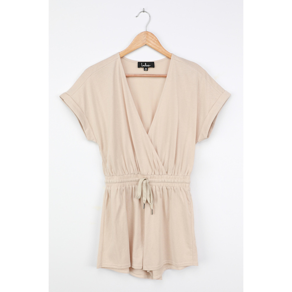 Lulus Play Date Beige Drawstring Short Sleeve Romper - Size XL